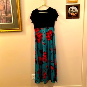 Women’s Short Sleeved Floor Length Dress, Black Top, Floral Pattern Bottom, Teal